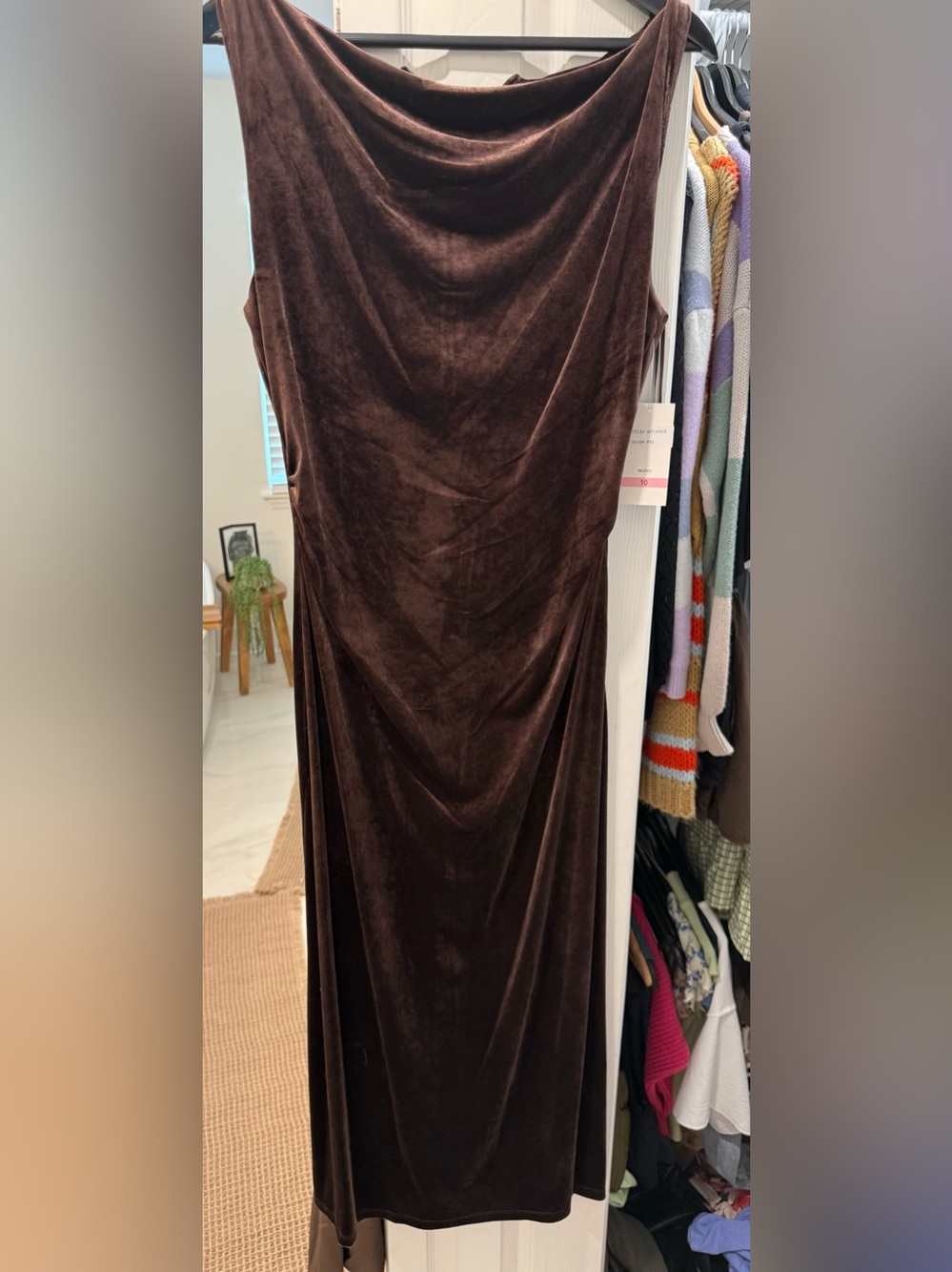Taylor Brown Velvet Cowl-Neck Dress
